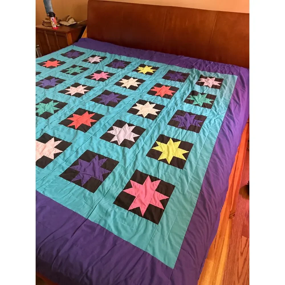 Vintage Handmade Patchwork Quilt King Size Hand Sewn Colorful Star Geometric
